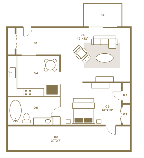 Floor plan for studio, 1 bath, 600 sqft